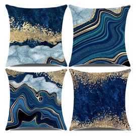 Decorative Pillow Covers, Navy Blue and Gold Marble Throw Pillow Cover,18x18 Square Blue Cushion Cover, Abstract Throw Pillows Case, Sofa Living Room Couch Home Decor Pillowcase Set of 4