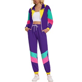 ZDT Women's Color Block 80s 90s Outfit 2 Piece Costume Zip Up Windbreaker Track Suits Set Purple L