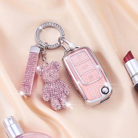 RXXR Car Key Fob Cover for VW Volkswagen Car Key Protective Case with Pink Diamond Bear Keychain Compatible with Tiguan Passat Golf 4 5 6 Polo Beetle Jetta Touran Eos Scirocco