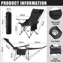 Yuntau 2 Set Reclining Camping Chair with Umbrella for Adult Folding Camping Chair with Foot Rest Adjustable Clamp Canopy Shade, SPF 50+, Lounger for Outdoor Spring Summer Travel (Black,Oxford)