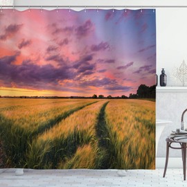 Ambesonne Rústico Cortina de Baño, Las Tierras de Cultivo en el Sunset Dramático, Paño Conjunto de Decoración de Baño de Tela y Ganchos, 75" Alto, Amarillo Verde