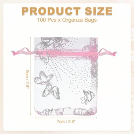 PATIKIL Organza Bags, 100 Pcs 2.8 x 3.5 Inch Mesh Candy Pouch with Drawstring Butterfly Jewelry Gift Bags for Wedding Christmas Festival Makeup Supply, Pink Silver