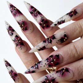 BABALAL Long Stiletto Nails Press on Purple Black Gothic Fake Nails Red Spider Lily Print Design Glue on Nails 24Pcs Goth Punk Acrylic Nails Almond Glossy Manicure False Nails for Women Girls