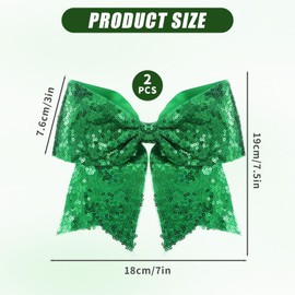 2 Pcs Jumbo Glitter Cheer Bows Clips, Sparkly Hair Bows for Women 7 Inch Large Green Hair Bow Cheer Hair Bow, Hair Accessories with Tails for Girls Teen Softball Cheerleader Outfit Uniform (Green)