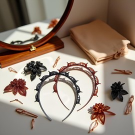 Cauaoa 2 Pcs Double Bangs Hairstyle Hairpin Headband With 8 Small Clip,Professional Weave Bangs Clip, Toothed Headband Braid Tool, Women Girls Fashion Hair Accessories (Black and Brown)