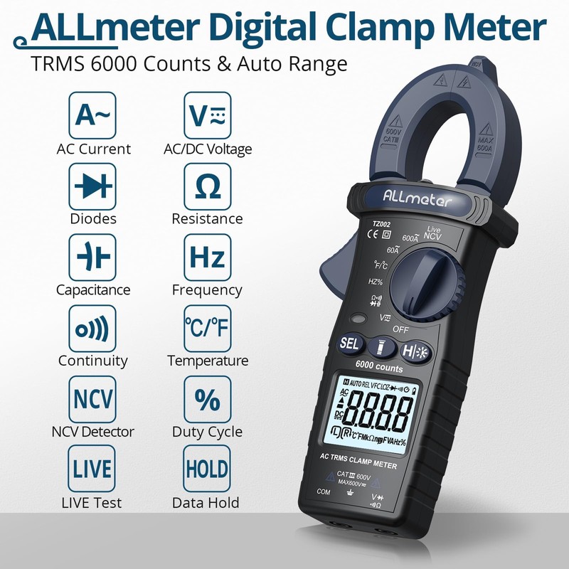 ALLmeter 600A TRMS Digital Clamp Meter with 6000 Counts,Auto Ranging,AC