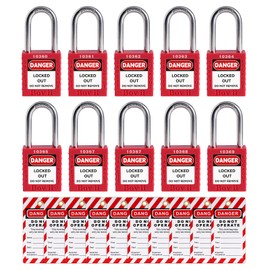 Boviisky 10 pcs Lockout Tagout Locks,2 Keys Per Lock,Keyed Different, with 10 Lock Out Tag Out Tags,Red Loto Locks,Safety Padlock for Stations and Devices,Individual Lockout Tagout Kit