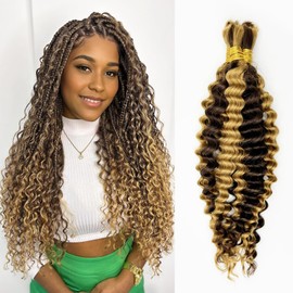 Human Braiding Hair Deep Wave Bulk Human Hair for Braiding No Weft (1 Pack-2 Bundles-100g) Human Braiding Hair for Boho Braids (4/27#, 18Inch)