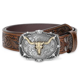 WHIPPY Mens Cowboy Belt Western Belts for Men Women with Engraved Floral Bull Head Buckle Western Leather Buckle Belt for Jeans,Coffee-Copper 39 Inches