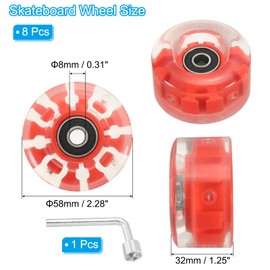 PATIKIL Roller Skate Wheels Set,8 Pack 58mm 82A Light Up Skateboard Cruiser Wheels Set with Bearings Trucks Tool Kit for Outdoor Double Row Skating, Red