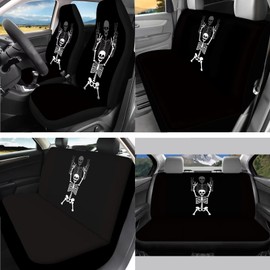 PCSJRKG Skull Skeleton Printed 15 Pcs Car Seat Cover Full Set, Stretchy Car Accessories Set Front Rear Seat Covers Car Headrest Cover Steering Wheel Cover Seat Belt Covers