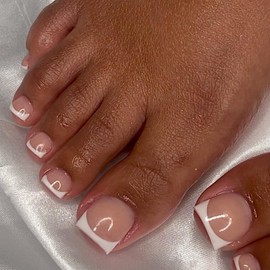 KQueenest 30 Pcs White French Tip Press on ToeNails For Women, Natural Light Nude Toe Press on Nails Short Square, Glossy Gel Full Cover Acrylic Fake Toenails Press on for DIY Decoration