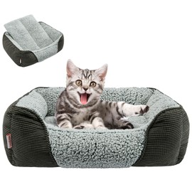 Miguel Washable Cat Bed for Indoor Cats With Removable Cushion, Easy to Wash Small Pet Sofa With Side, Rectangle Bolster Kitten Calming Cuddle Puppy Bed, Anti-Slip Bottom, Gray 18 Inch