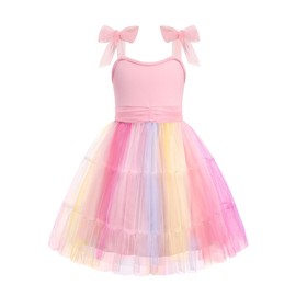 Arshiner Girls Dresses Summer Sleeveless Bow-Tie Straps Formal Fancy Party Birthday Tulle Dress Rainbow Pink Tween 8-9 Years