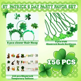 DINESIL 156 Pcs St. Patrick's Day Accessories Party Favor Set includes 144 Pcs Tattoo Stickers, 6 Pcs Clover Necklaces and 6 Pcs St. Patrick Shamrock Headbands for St. Patricks Day Party