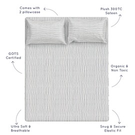 MakeMake Organics Organic Sheets Twin (4 Piece) GOTS Certified Organic Cotton Twin Sheet Set Neutral Dreamy Soft Fitted Sheet, Flat Sheet 2 Pillowcases Teens Navy (Twin, Blue Stripes)