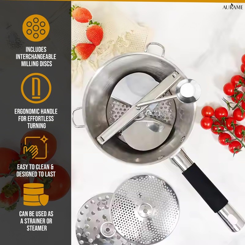 AURAME Premium Stainless Steel Food Mill - Effortless Pureeing, Straining