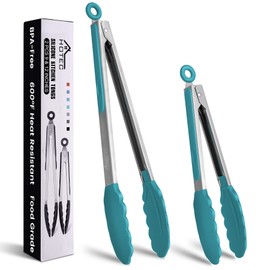 HOTEC Premium Stainless Steel Locking Kitchen Tongs with Silicon Tips, Set of 2-9" and 12", Turquoise