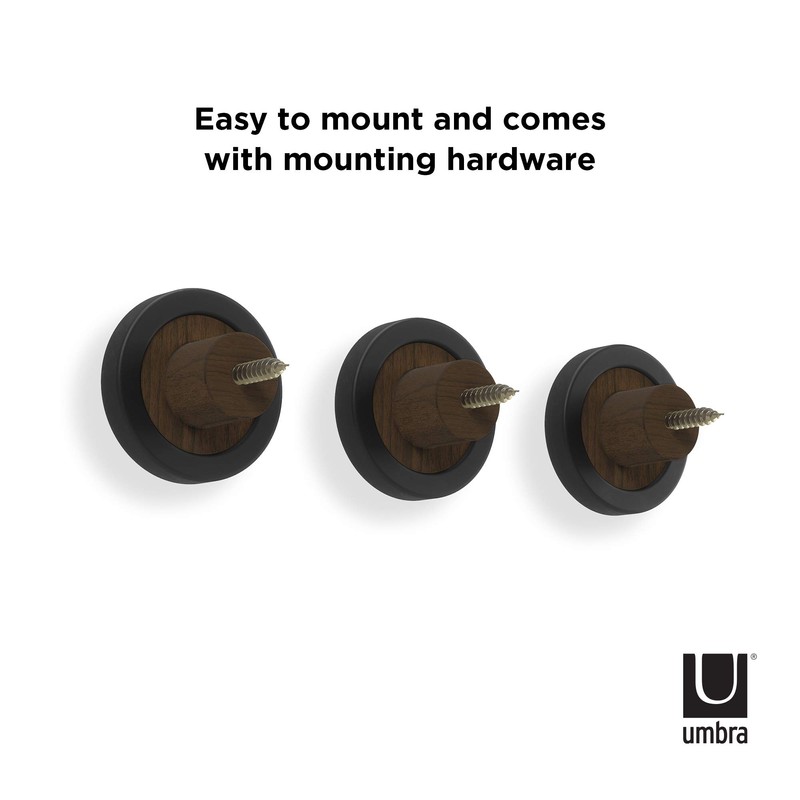 Umbra Hub Solid Wood Coat Hooks with Rubber Frame, Black/Walnut,