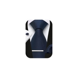 HISDERN HTJ-02S 2024 Men's Silver Necktie, Chief, Tie Clip, Cufflinks, Set of 4, For Weddings, Job Hunting, Entrance Ceremonies, Graduation Ceremonies, After-parties, Parties, 44 Navy (Solid)