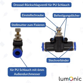 Lumonic I PU Hose Throttle Check Valve with Connector I 6 mm I Pneumatic Throttle Check Valve I Throttle Valve I Compressed Air & Automatic