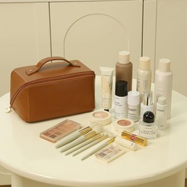 2 Set Makeup Bag Large Capacity Travel Cosmetic Bag Plus Tissue Box,PU Leather Makeup Bag,Waterproof Travel Cosmetic Bags with Handle and Divider for Ladies,Girls,Teenagers﻿