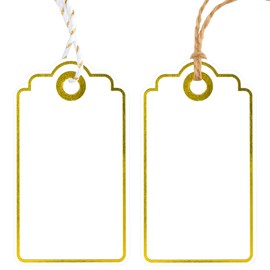 Anwyll Gift Tags with String Attached,100Pcs Gold Foil Metallic Hang Paper Gift Wrap Tags,White Gift Bag Tags,Blank Merry Christmas Gift Label Tag for Present Birthday Wedding Baby Shower Party Favors