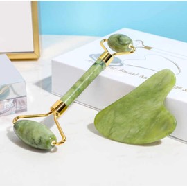 Sweet Peached Premium Jade Roller with Gua Sha Set, Natural Green Jade Stone, Gold Metal Handle, Face Massage Tool for Facial Sculpting, Puffiness Reduction, Skin Tightening