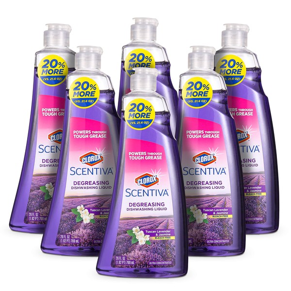 Clorox Scentiva Dish Soap | Great Smelling Dishwashing Liquid Cuts Through Grease Fast | Quick Rinsing formula Washes Away Germs | Tuscan Lavender & Jasmine Scent, 26 oz (6 Pack)