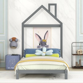 Twin Bed Frame with Headboard and Slats, Twin Size Platform Bed with House Shaped Headboard, Twin Bed for Kids, Boys, Girls(Gray Twin)
