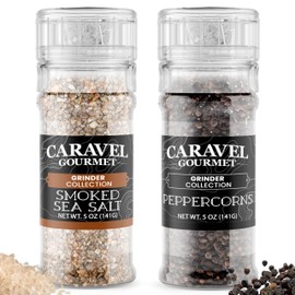 Black Peppercorn & Smoked Sea Salt Grinder Bundle for Grilling, Cooking, & Finishing, 5 oz Smoked Salt & Black Pepper Grinder for Fine & Coarse Grinds - Caravel Gourmet