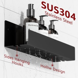 Qeke Shower Caddy, 16" Bathroom Shower Shelf Organizer with 2 Hooks, SUS304 Stainless Steel Floating Shower Shelves with Large Capacity, Rustproof Shower Rack for Inside Shower, Matte Black