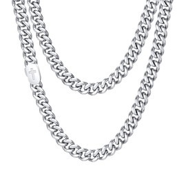 VNOX Silver Cross Necklace for Men, Solid Mens Cross Cuban Link Chain Necklaces 9mm Stainless Steel Silver Chains for Men, Cool Miami Jewelry Faith Religious Christian Gifts 22 Inch Cuban Cross Chain