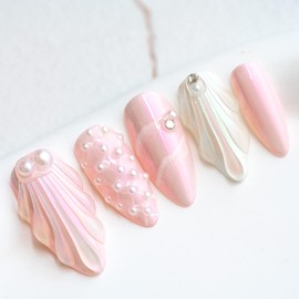 Sun&Beam Nails Handmade Press On Nail Medium Short Almond Oval Pink White Pearl Shell Fake Tip 3D Design Art Charms Cute with Storage Box 10 Pcs (M, Pink)