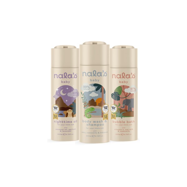 Nala's Baby Firsts Bundle | Contains Body Wash & Shampoo, Nighttime Oil, Bubble Bath | Award-winning | Dermatologically-tested and Paediatrician-approved | Vegan | Nalas Baby