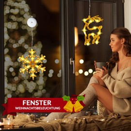 Lamptobe 2 Stück Fenster Weihnachtsbeleuchtung Schneeflocke und Elch - Warmweiß Fensterlicht Hängend mit Saugnapf Timer-Funktion& 2 Modi LED Vorhang Lichterkette für Party Shop Fenster Dekoration