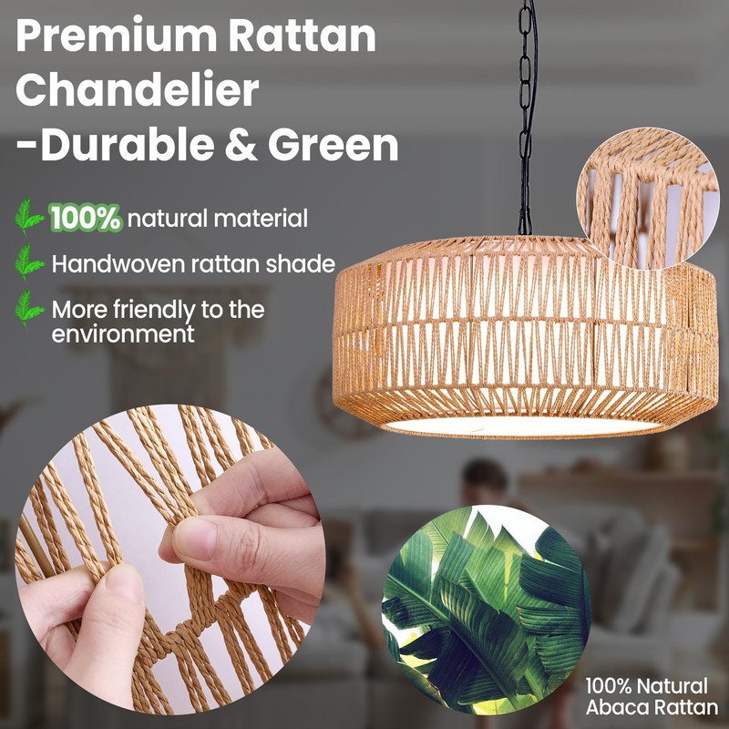 Lovefindahome Large Handwoven Rattan Pendant Light, Boho Wicker Chandelier for