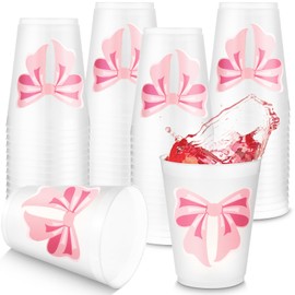 Tioncy 50 Pack 16oz Pink Bow Reusable Frosted Cups Coquette Pink Bow Disposable Plastic Cups Bulk Bachelorette PP Frosted Reusable Cup Set Decorations for Birthday Wedding Bridal Shower Party Supplies