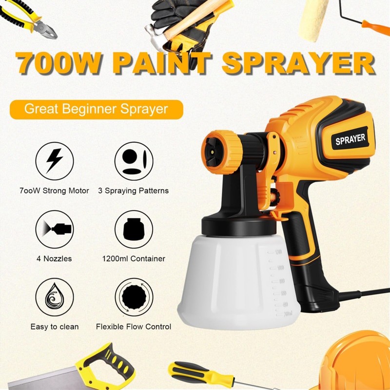 VONFORN Paint Sprayer, 700W HVLP Spray with Cleaning & Blowing