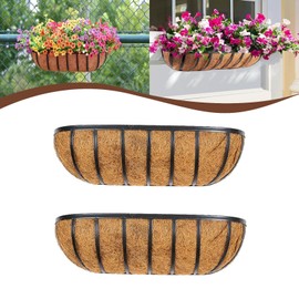 JFFLYIT 2 Pcs 24“ Railing Planter Window Box Deck Railing Planter Boxes with Coco Liner English Horse Trough Planters Metal Wall-Mounted Planters Basket for Outdoor Balcony Porch Fence Patio Rail