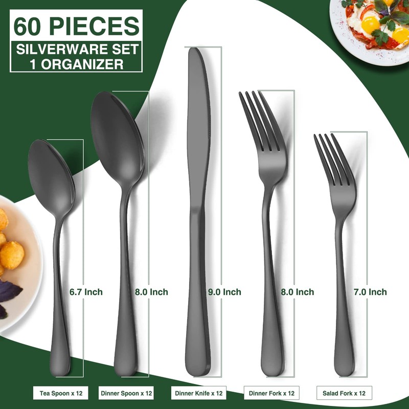 60-Piece Black Silverware Set with Organizer, AIVIKI Stainless Steel Flatware