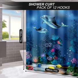 Figarge Shower Curtain Boho Blue Ocean Shower Curtains Modern Shower Curtains Bath Curtain Waterproof Polyester Fabric Washable Bath Curtain with 12 Hooks (Dark Blue, 180 L x 180 W cm)