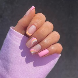 SXVME Pink Orange French Tip False Nails Short Square Press on Nails with Colorful Swirl Design Full Cover Natural Nude Acrylic Glue on Nails for Women Daily Wear 24 Pcs