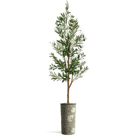 Artificial Tree in Flower Pattern Planter, Fake Olive Silk Tree for Indoor and Outdoor Home Decoration - 68" Overall Tall (Plant Pot Plus Tree)