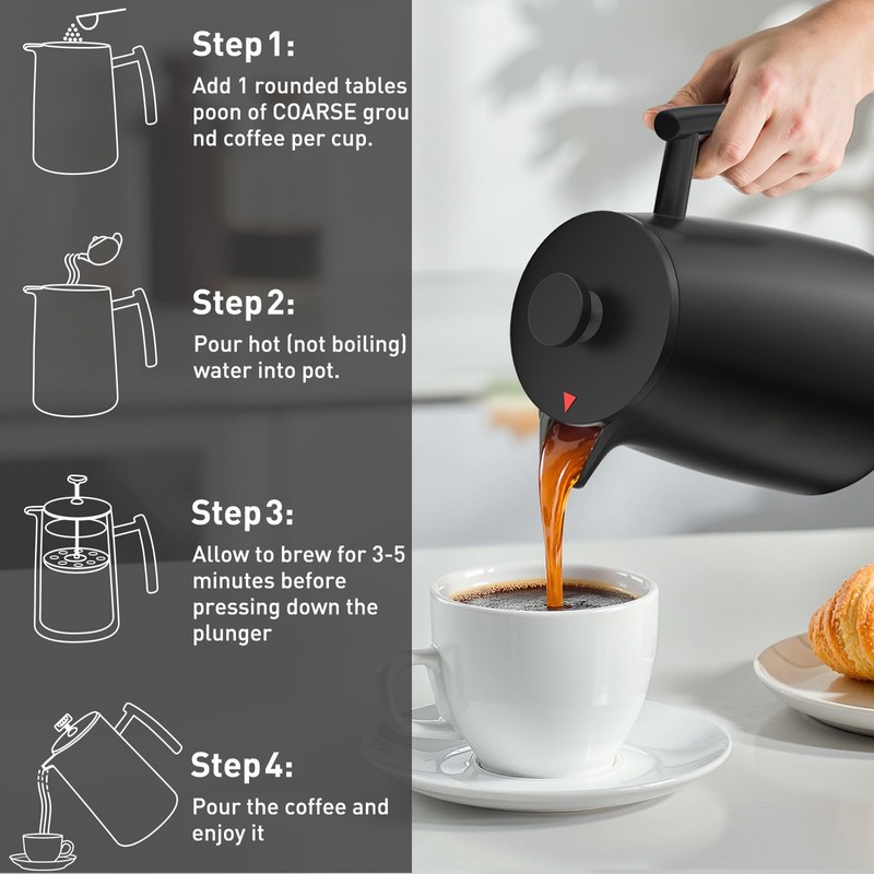 Secura 50oz French Press Coffee Maker – 304 Stainless Steel,