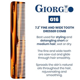 Giorgio G16 Fine Tooth and Wide Tooth Detangler Comb - Hair Comb for Men and for Women - Ideal as a Hair Styling Barber Comb and Detangler - Saw Cut and Handmade (Tortoiseshell)