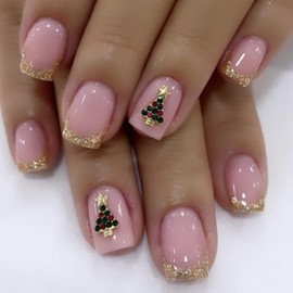Christmas Press on Nails Short Square Fake Nails with Xmas Tree Charms Design Gold Glitter Glue on Nails French Tips False Nails Reusable Glossy Winter Nails for Women Girls Holiday Manicure 24pcs