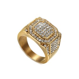 PEAS 18K Gold Plated Jewelry Full Crystal Ring Stainless Steel Signet Band Ring(Gold_11)