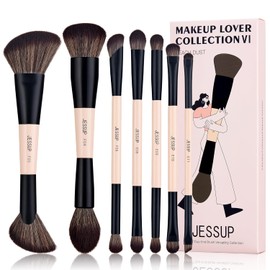Jessup Brochas de Maquillaje Doble Punta,7pcs Pinceles Maquillaje de Doble Cara para Base,Difuminado,Rubor,Sombra de ojos,Contorno y Polvos Faciales Brochas Maquillaje Ojos Peach Dust T600