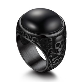 Bandmax Mens Skull Crossbone Ring Size 9 Stainless Steel Round Cut Blacy Onyx Ring for Men Black Signet Rings Statement Rings Biker Skull Jewelry